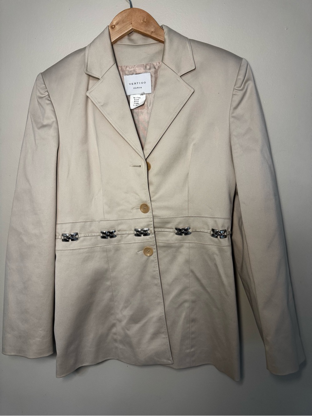 Vertigo Paris Beige Chain Detail Blazer Jacket Made in France Size Large Y2K